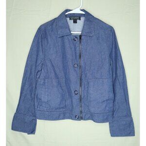 St. John Denim Jean Jacket Blazer Blue Zipper Big Buttons Cotton Flax Women's 12